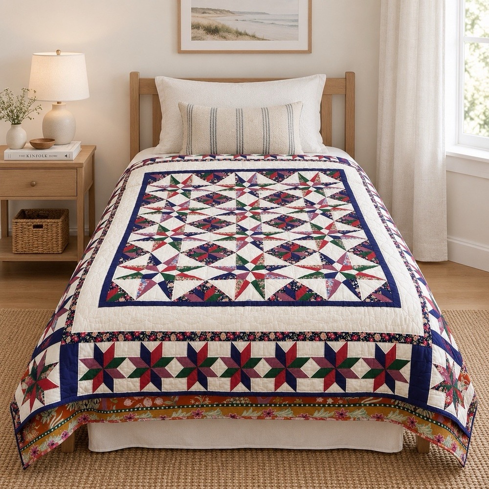 Vintage JCP Handmade Patchwork Quilt Twin 68x86" Stars Cotton Cottagecore